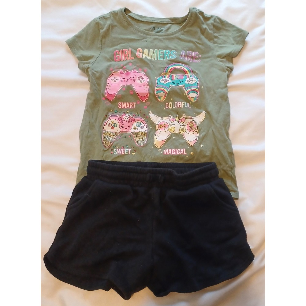 The Children's Place Graphic Tee Jumping Beans Shorts Kids 7 Green Black Gamer